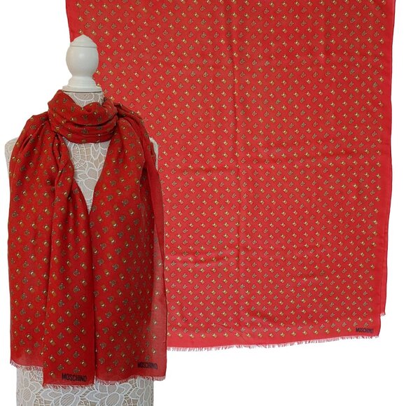 MOSCHINO SCARF TEDDY BEAR ICONIC PRINT MODAL CASHMERE LONG RED 34" x 78"